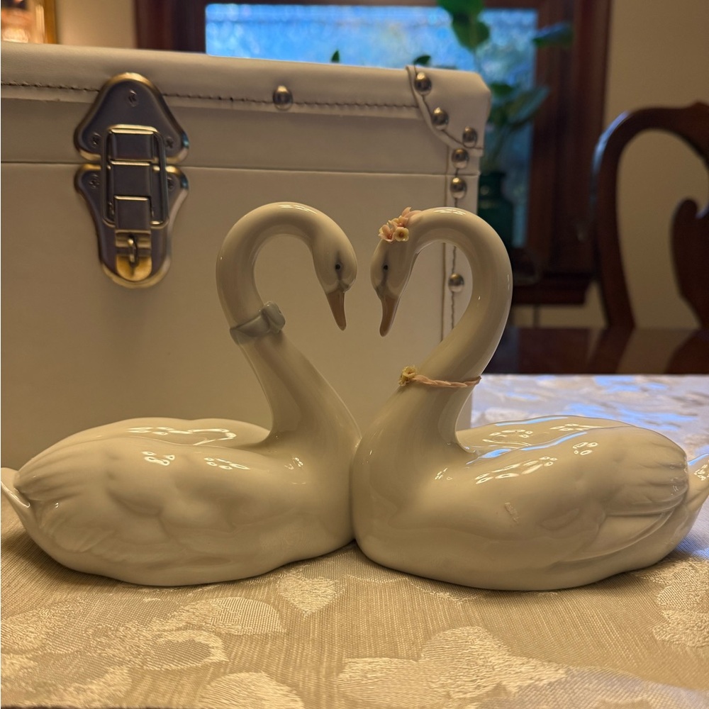 Lladro White Swan Figurines with Blue and Pink Accents
